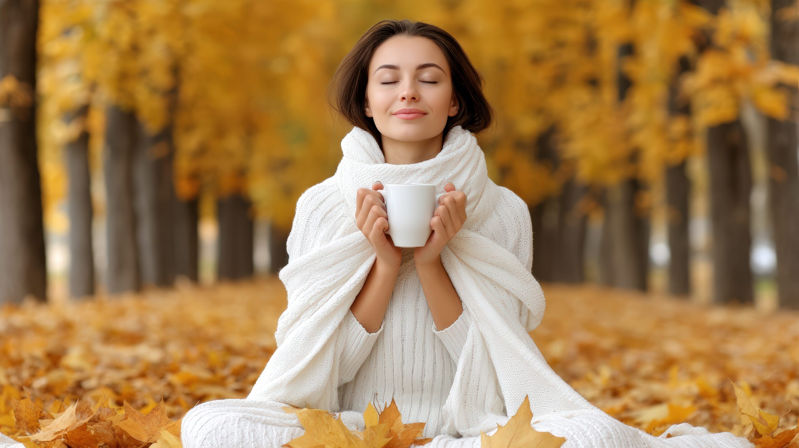 Young woman sitting peacefully with a coffee cup in a golden autumn park VIP Memberships at Rise Wellness Lounge